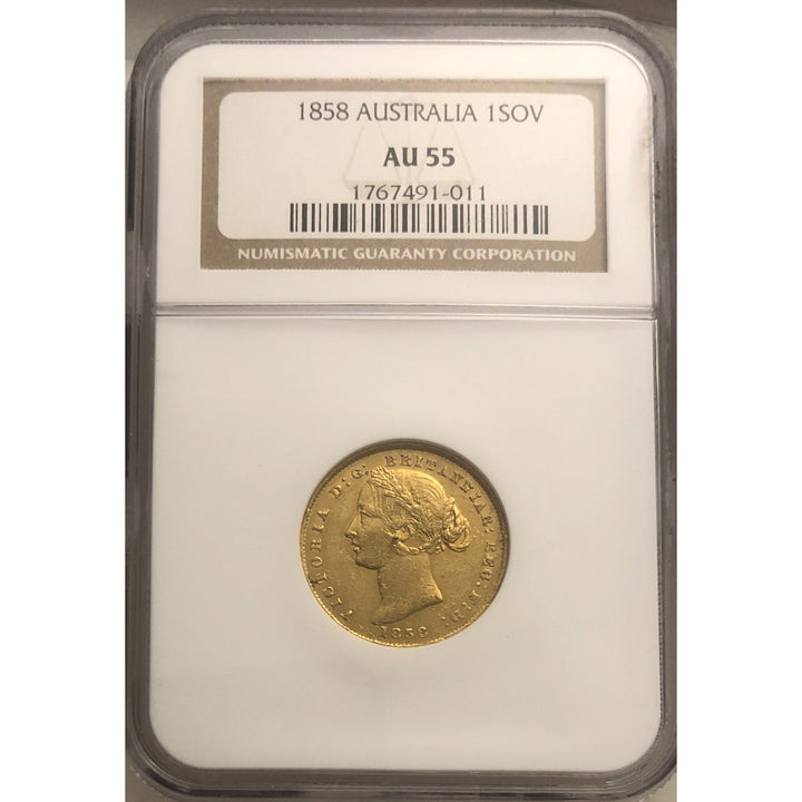 Australia 1858 Sydney Mint Full Gold Sovereign NGC AU55