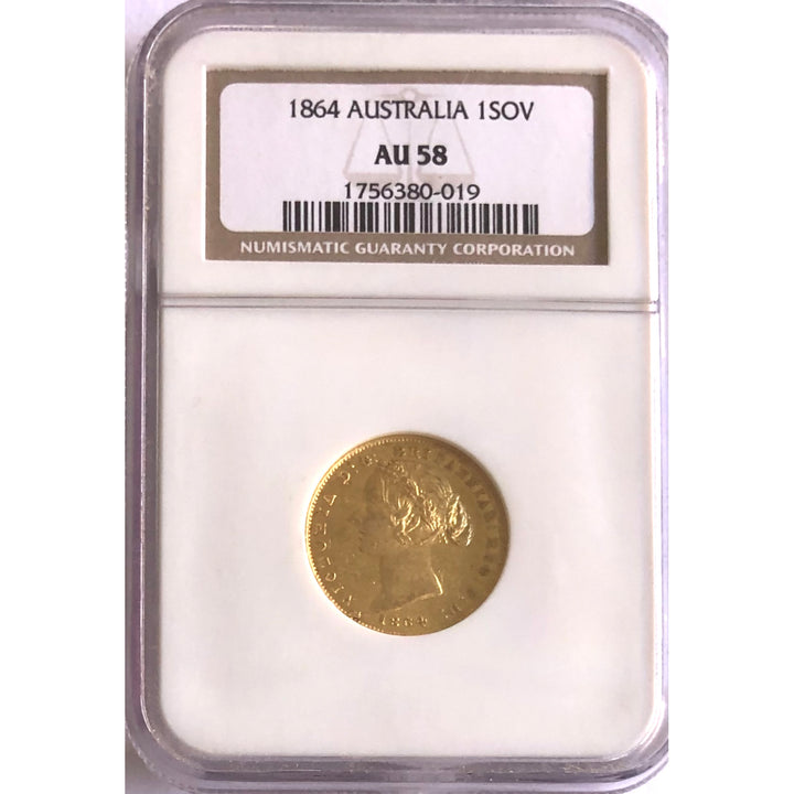 Australia 1864 Sydney Mint Full Gold Sovereign NGC AU58
