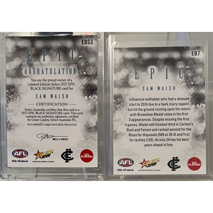 Matching Pair 2025 AFL Select Epic Black SAM WALSH + Signature Redempt ...
