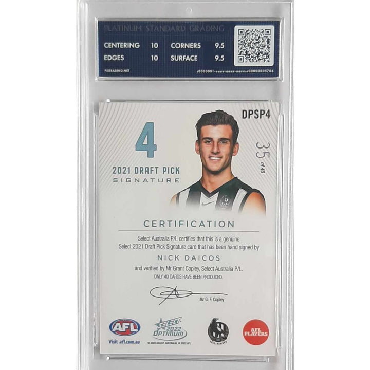 2022 AFL OPTIMUM Nick Daicos Platinum Draft Pick Signature 35/40 JUMPER NUMBER