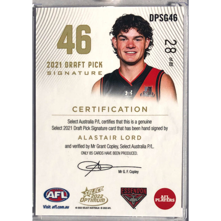 2022 SELECT AFL OPTIMUM Alastair Lord Gold Draft Pick Signature DPS 28/85 *JUMPER NUMBER*