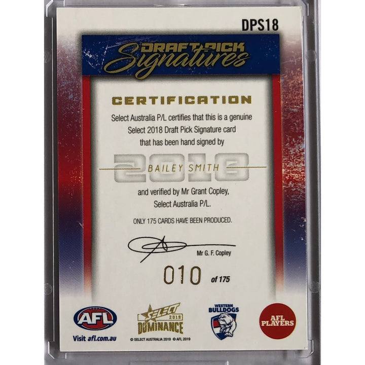 2019 SELECT AFL DOMINANCE Bailey Smith Western Bulldogs Draft Pick Signature DPS 10/175