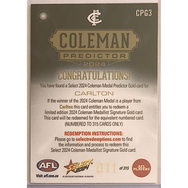 2024 AFL FOOTY STARS Gold Coleman Medal Predictor Carlton 011/315