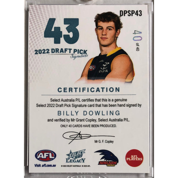 2023 SELECT AFL LEGACY Billy Dowling Platinum Draft Pick Signature 40/40