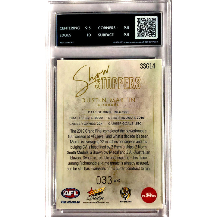 2020 Select AFL Show Stoppers Gold Dustin Martin RICHMOND 33/40 PSG 9.5 GEM MINT