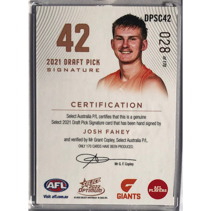 2022 SELECT AFL OPTIMUM Josh Fahey Copper Draft Pick Signature DPS 028/170