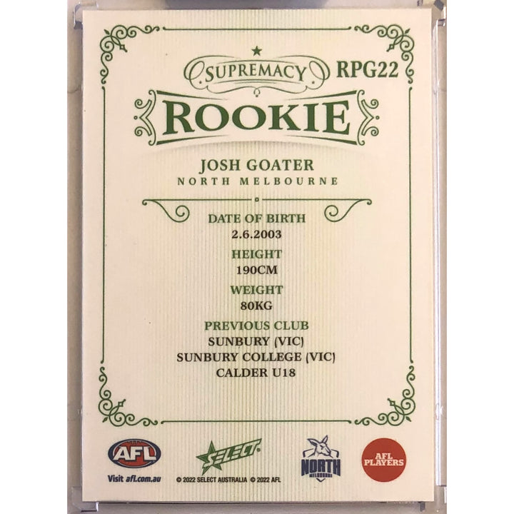 2022 AFL SUPREMACY ROOKIE Green Josh Goater 17/25