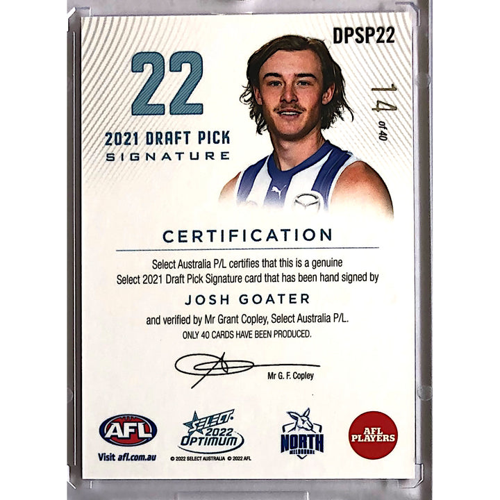 2022 SELECT AFL OPTIMUM Josh Goater Platinum Draft Pick Signature DPS 14/40