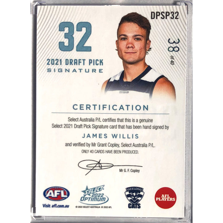 2022 SELECT AFL OPTIMUM James Willis Platinum Draft Pick Signature DPS 38/40