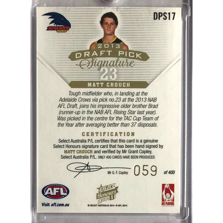 2014 SELECT AFL HONOURS Matt Crouch Draft Pick Signature 059/400