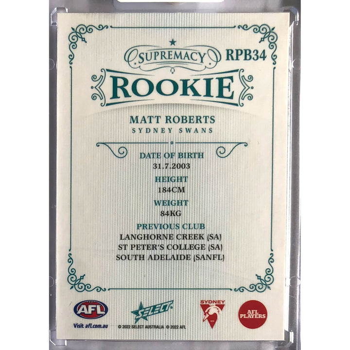 2022 AFL SUPREMACY ROOKIE Blue Matt Roberts 63/75