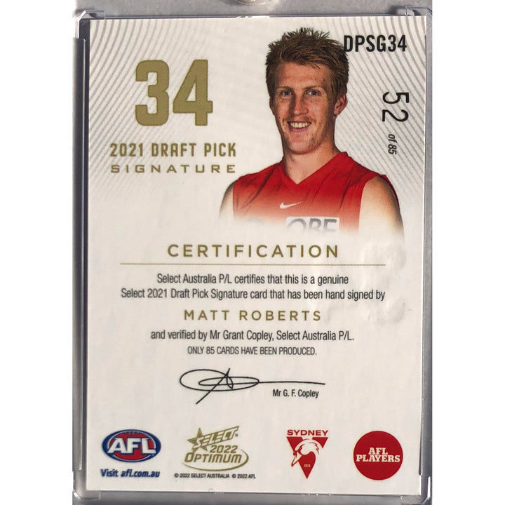 2022 SELECT AFL OPTIMUM Matt Roberts Gold Draft Pick Signature DPS 52/85
