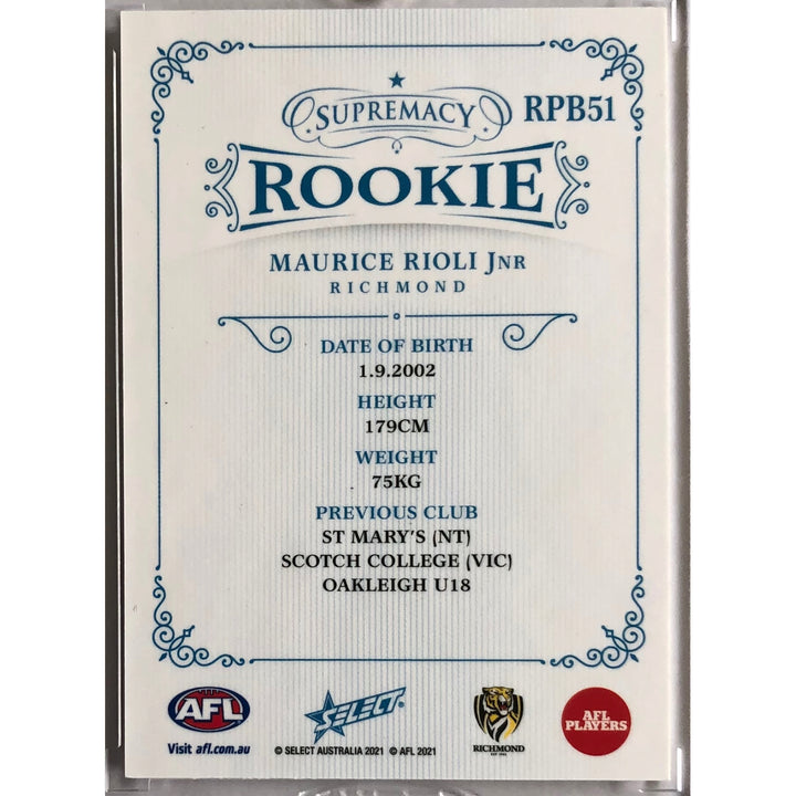 2021 AFL SUPREMACY ROOKIE Blue Maurice Rioli Jnr 09/85