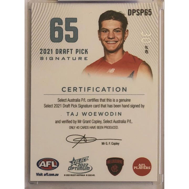 2022 SELECT AFL OPTIMUM Taj Woewodin Platinum Draft Pick Signature DPS 30/40